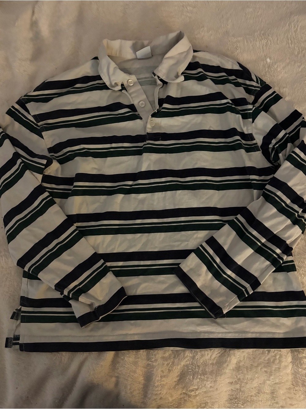 Striped Long-Sleeve Rugby Shirt in White, Black and Dark Green